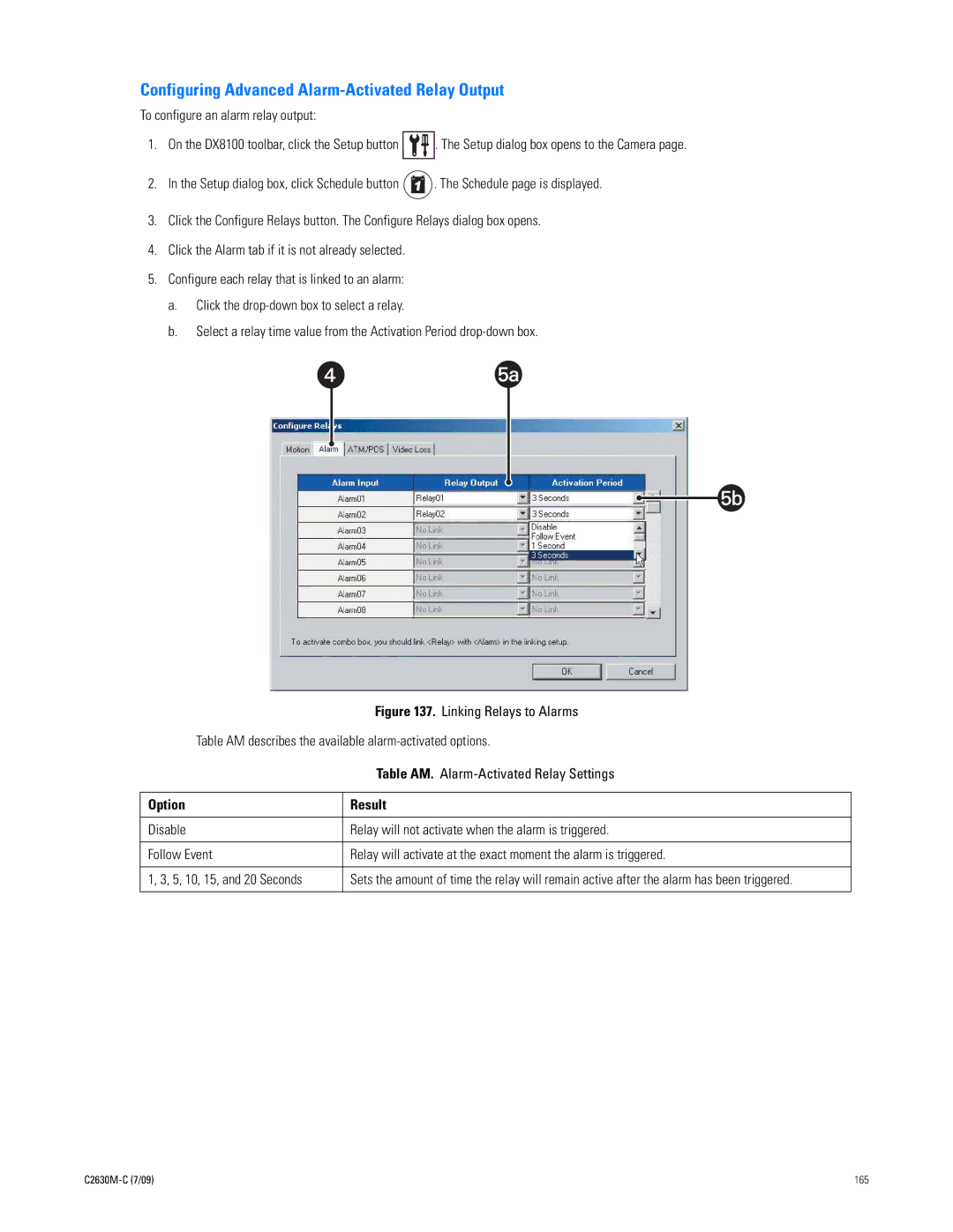 Pelco dx8100 manual Configuring Advanced Alarm-Activated Relay Output 