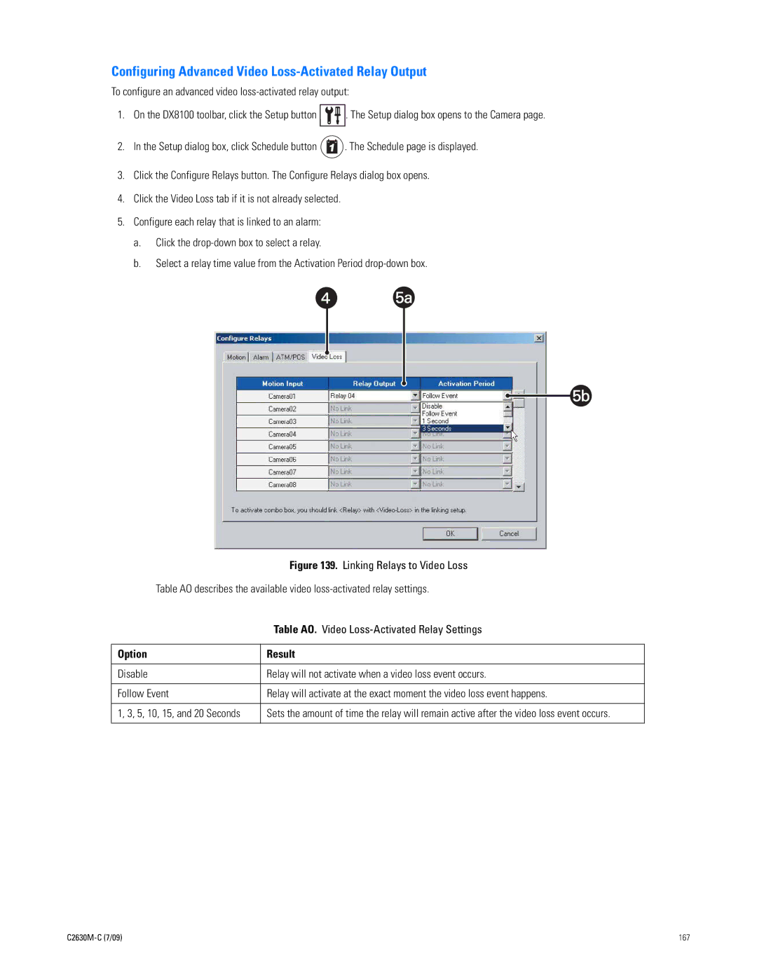 Pelco dx8100 manual Configuring Advanced Video Loss-Activated Relay Output, Table AO. Video Loss-Activated Relay Settings 