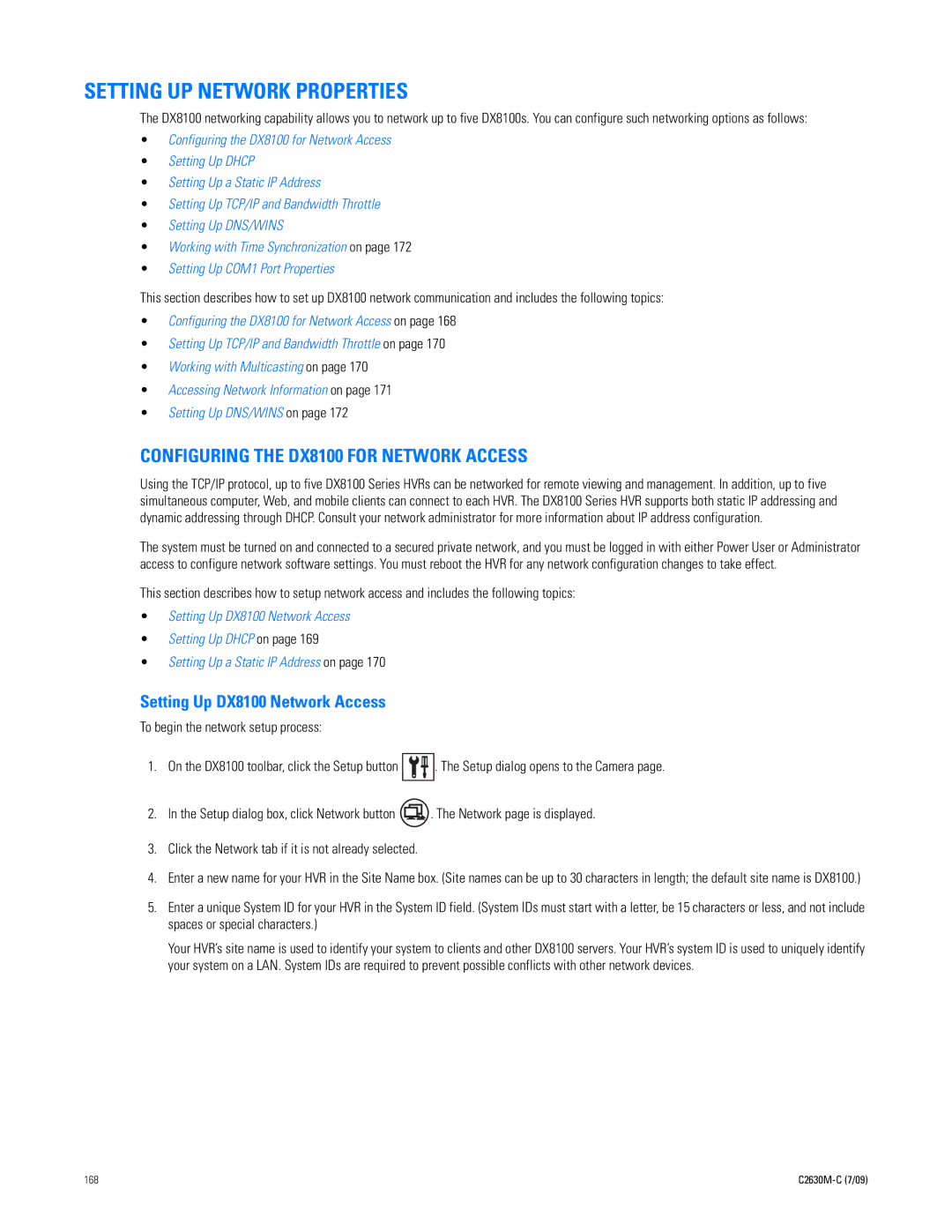 Pelco dx8100 Setting UP Network Properties, Configuring the DX8100 for Network Access, Setting Up DX8100 Network Access 