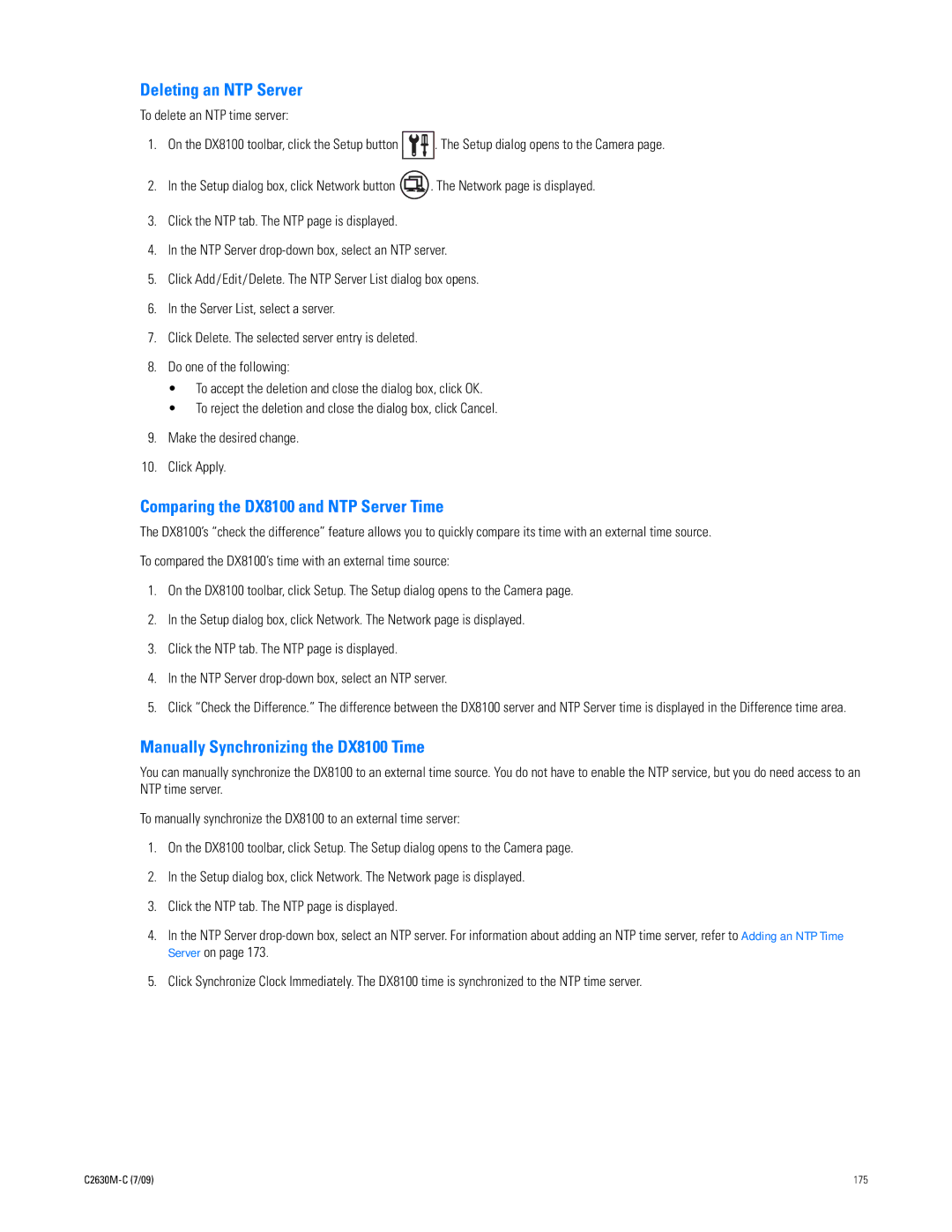 Pelco dx8100 Deleting an NTP Server, Comparing the DX8100 and NTP Server Time, Manually Synchronizing the DX8100 Time 