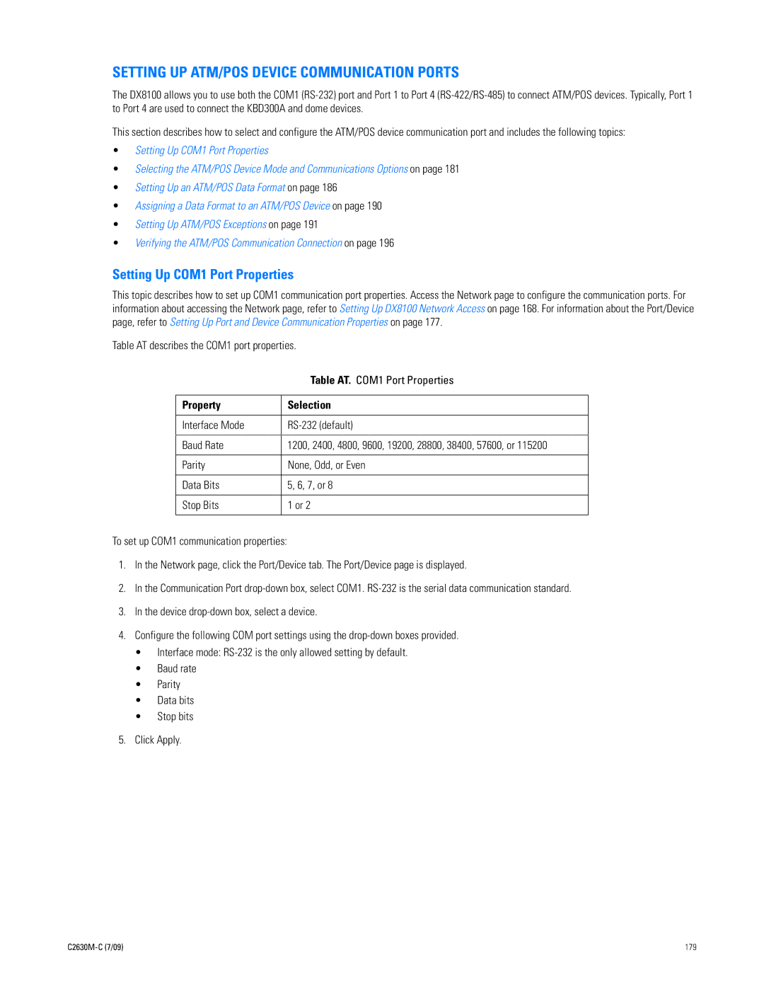 Pelco dx8100 manual Setting UP ATM/POS Device Communication Ports, Setting Up COM1 Port Properties, Property Selection 