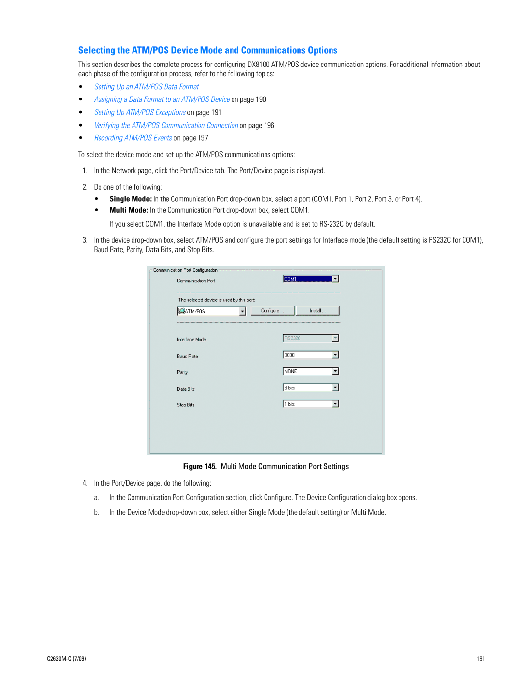 Pelco dx8100 manual Selecting the ATM/POS Device Mode and Communications Options 