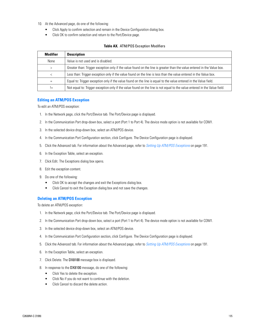 Pelco dx8100 manual Editing an ATM/POS Exception, Deleting an ATM/POS Exception, Value is not used and is disabled 