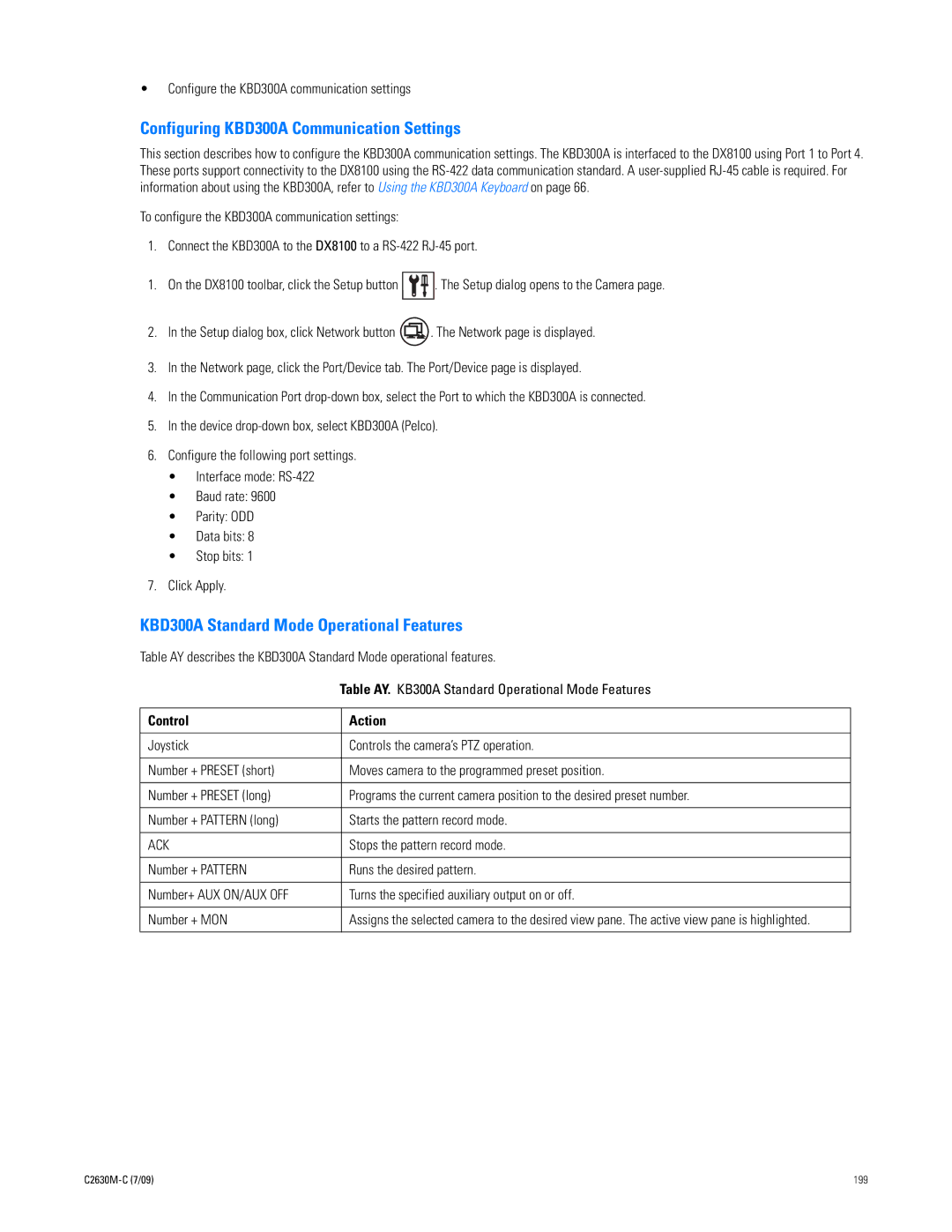 Pelco dx8100 manual Configuring KBD300A Communication Settings, KBD300A Standard Mode Operational Features, Control Action 