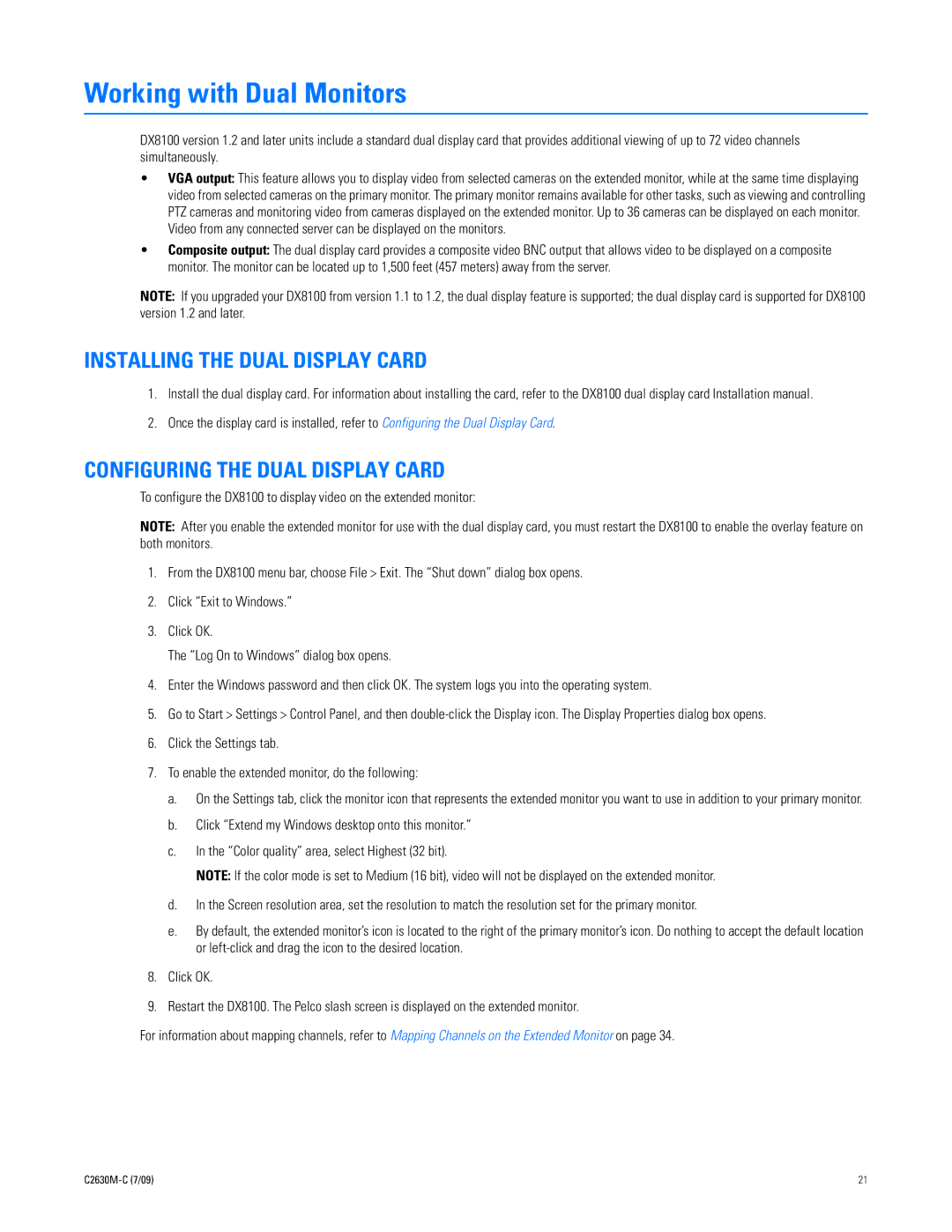 Pelco dx8100 manual Installing the Dual Display Card, Configuring the Dual Display Card 