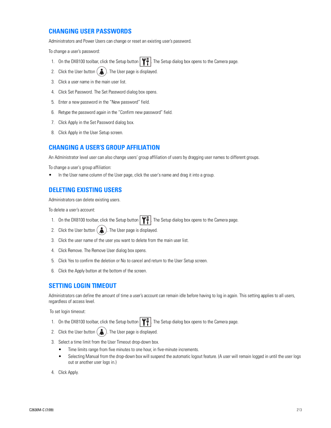 Pelco dx8100 Changing User Passwords, Changing a USER’S Group Affiliation, Deleting Existing Users, Setting Login Timeout 