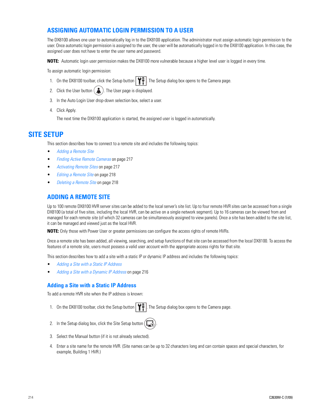 Pelco dx8100 manual Site Setup, Assigning Automatic Login Permission to a User, Adding a Remote Site 