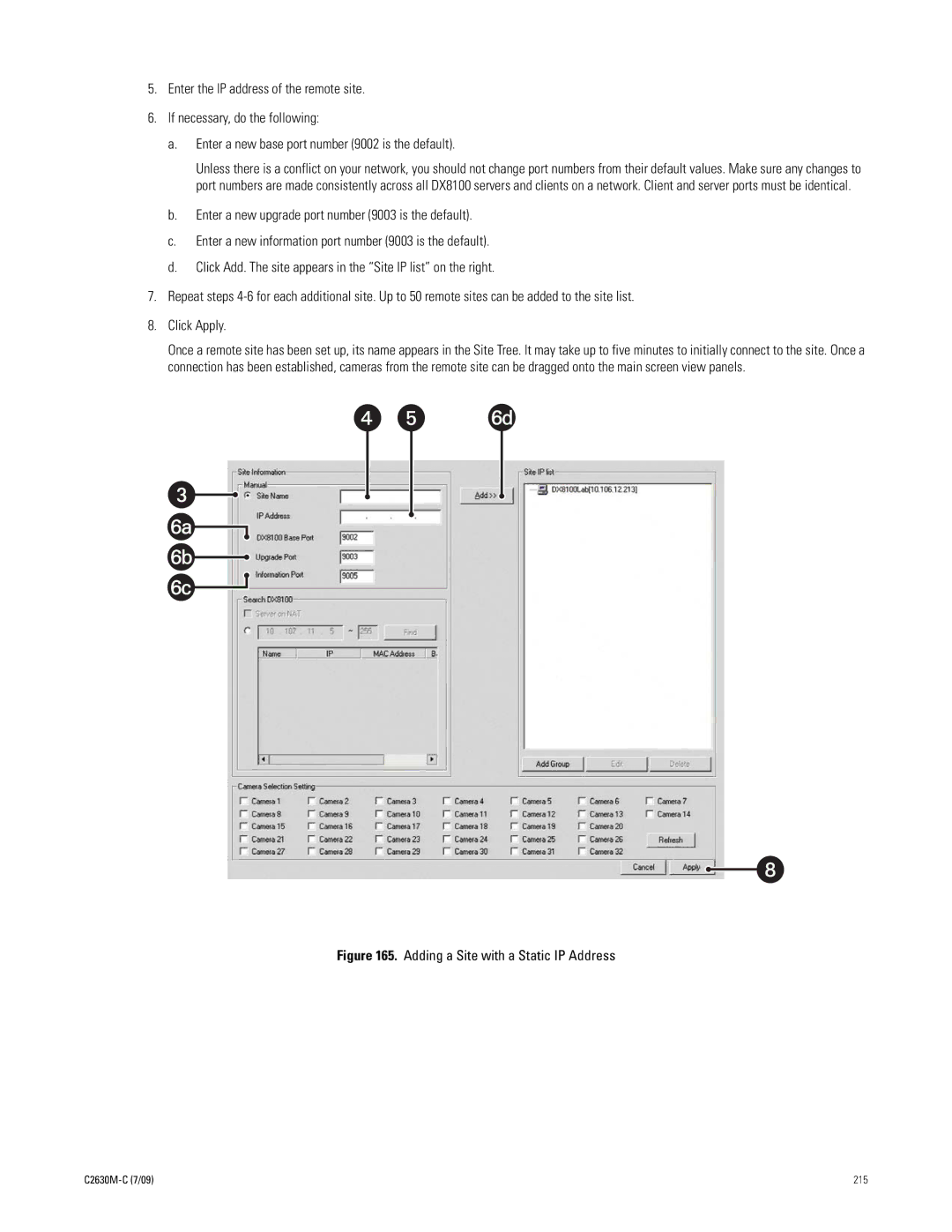 Pelco dx8100 manual Adding a Site with a Static IP Address 