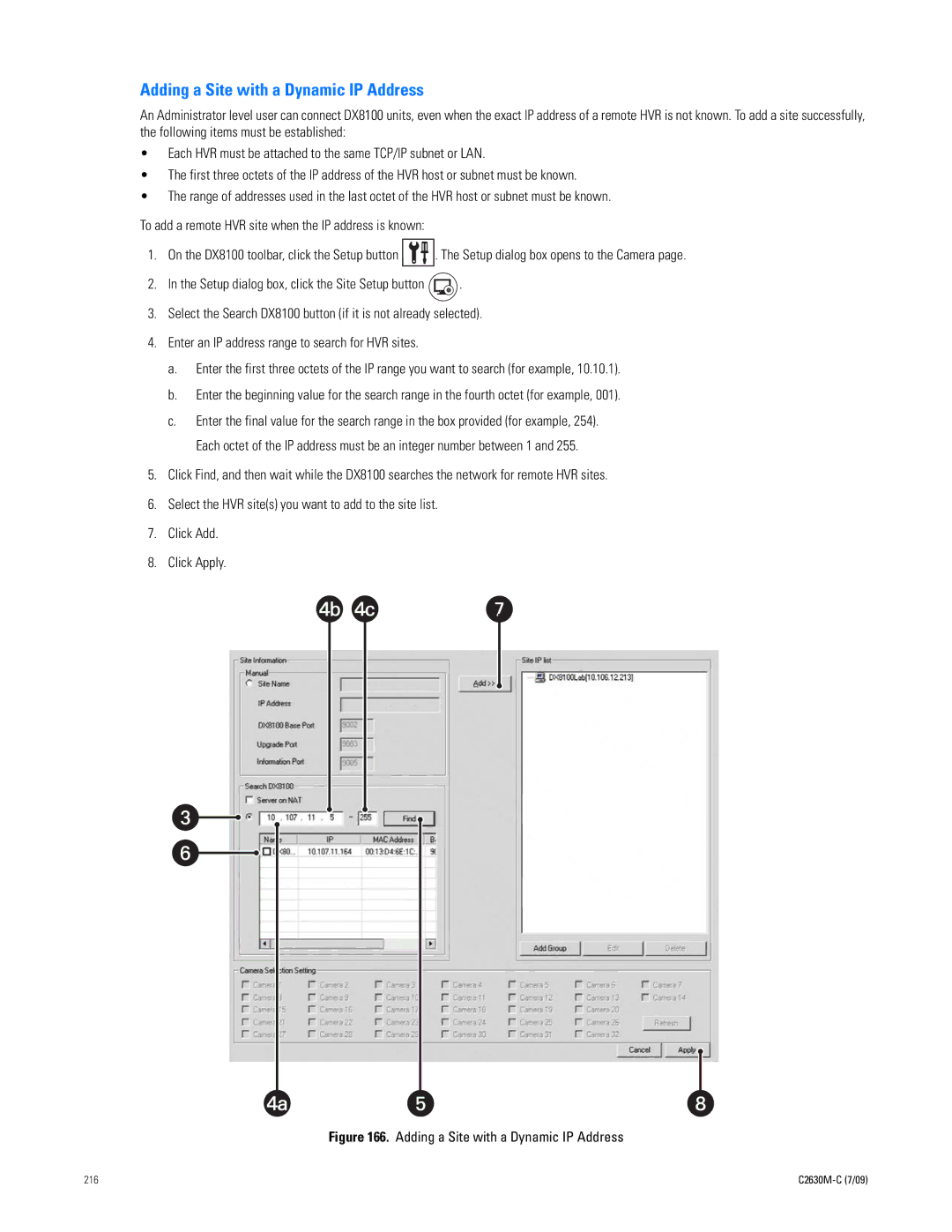 Pelco dx8100 manual 4b 4c, Adding a Site with a Dynamic IP Address 