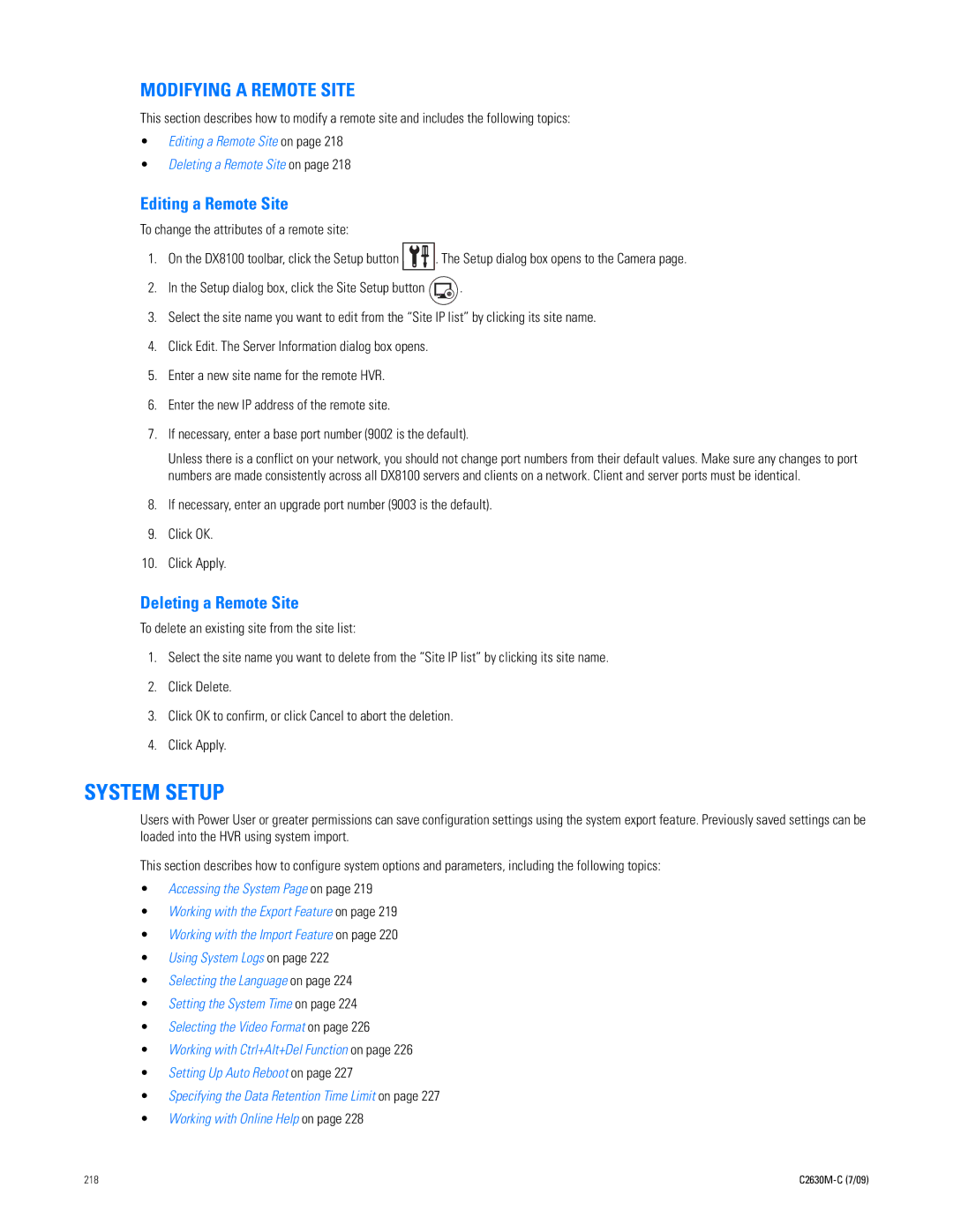 Pelco dx8100 manual System Setup, Modifying a Remote Site, Editing a Remote Site, Deleting a Remote Site 