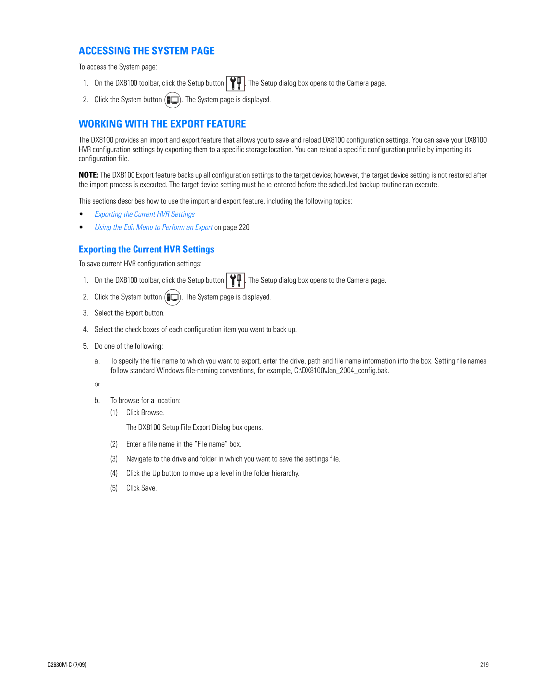 Pelco dx8100 manual Accessing the System, Working with the Export Feature, Exporting the Current HVR Settings 