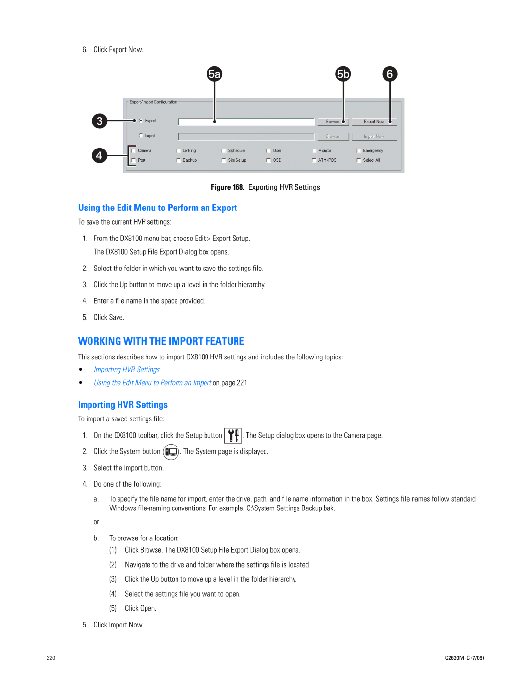 Pelco dx8100 manual Working with the Import Feature, Using the Edit Menu to Perform an Export, Importing HVR Settings 