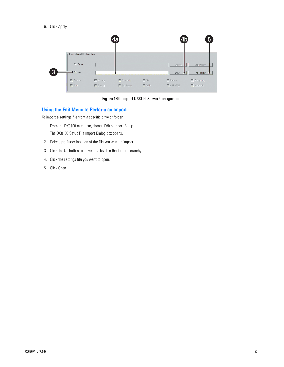 Pelco dx8100 manual Using the Edit Menu to Perform an Import, To import a settings file from a specific drive or folder 