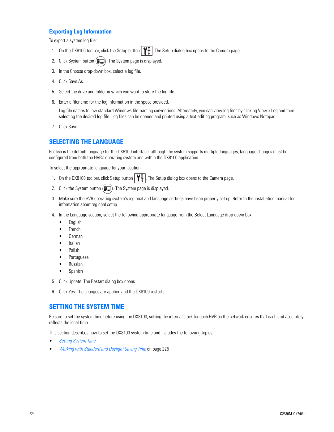 Pelco dx8100 manual Selecting the Language, Setting the System Time, Exporting Log Information 