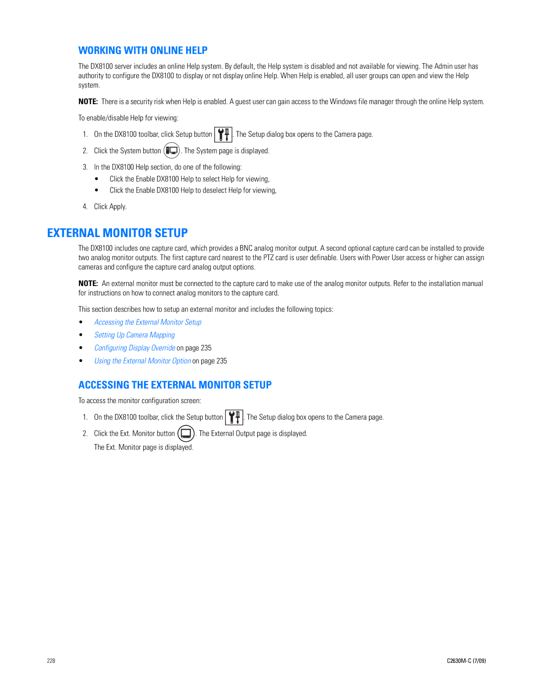 Pelco dx8100 manual Working with Online Help, Accessing the External Monitor Setup 