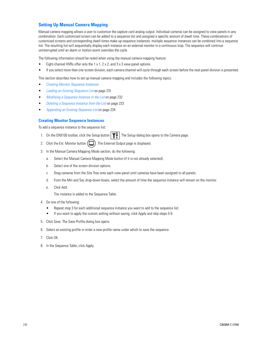 Pelco dx8100 manual Setting Up Manual Camera Mapping, Creating Monitor Sequence Instances 