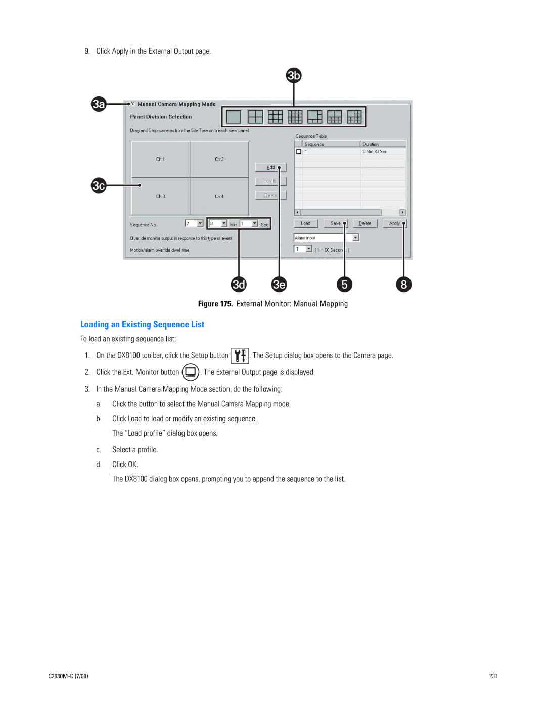 Pelco dx8100 manual Loading an Existing Sequence List, Click Apply in the External Output 