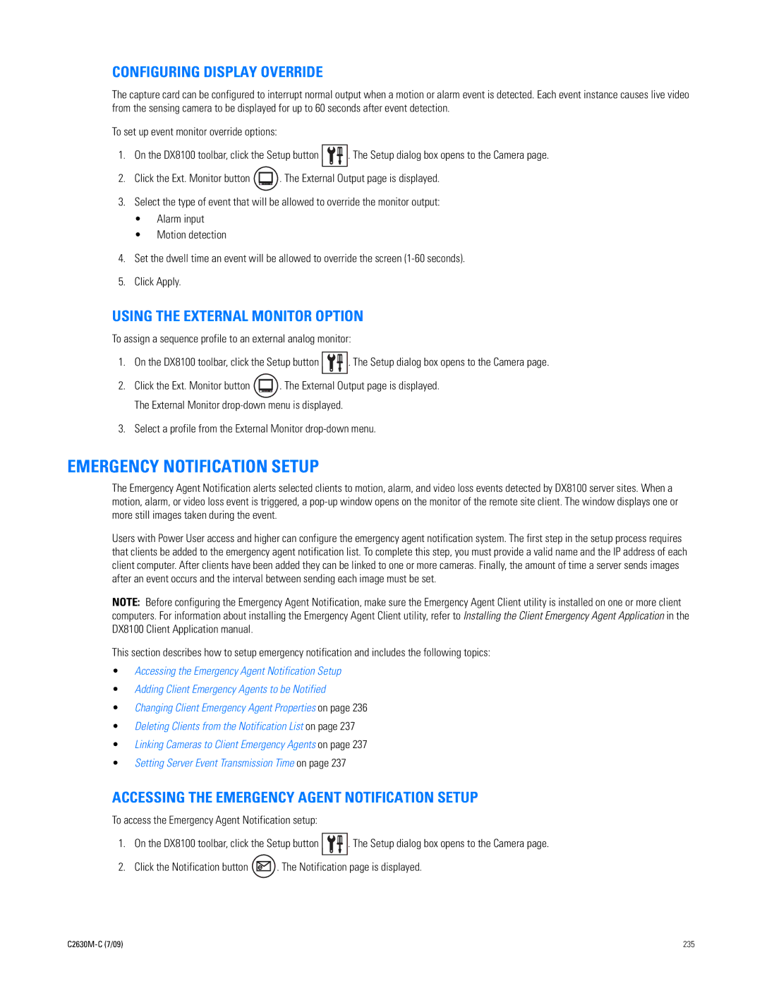 Pelco dx8100 manual Emergency Notification Setup, Configuring Display Override, Using the External Monitor Option 