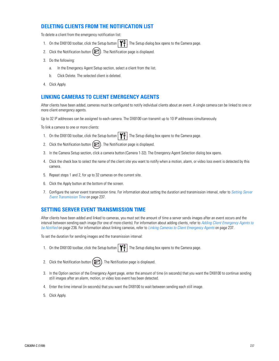 Pelco dx8100 manual Deleting Clients from the Notification List, Linking Cameras to Client Emergency Agents 