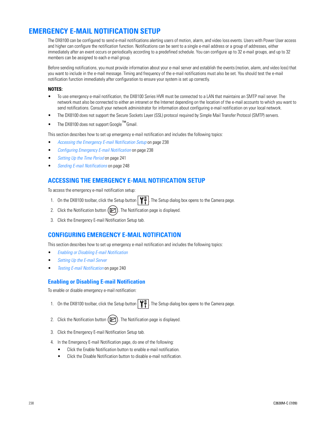 Pelco dx8100 manual Accessing the Emergency E-MAIL Notification Setup, Configuring Emergency E-MAIL Notification 