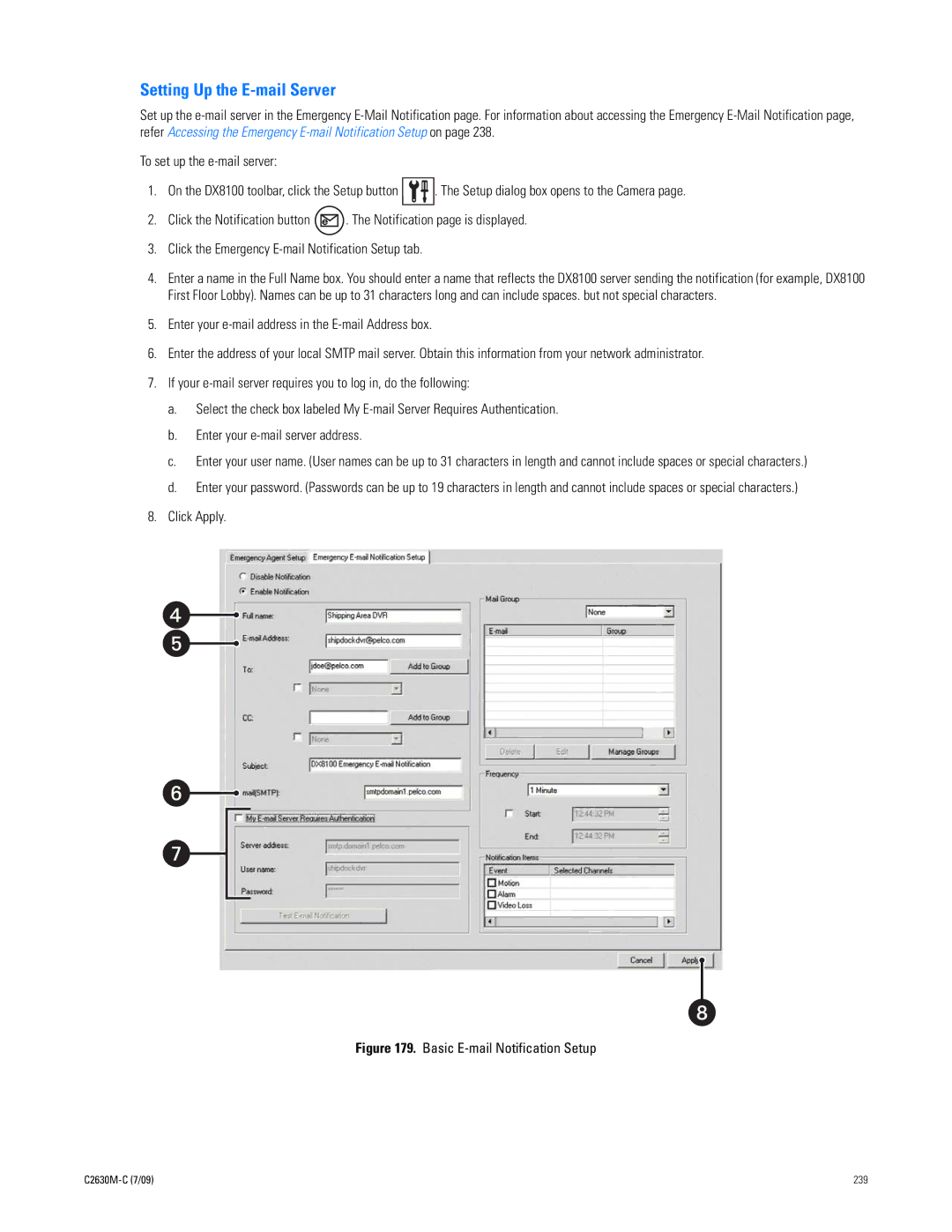 Pelco dx8100 manual Setting Up the E-mail Server, Basic E-mail Notification Setup 