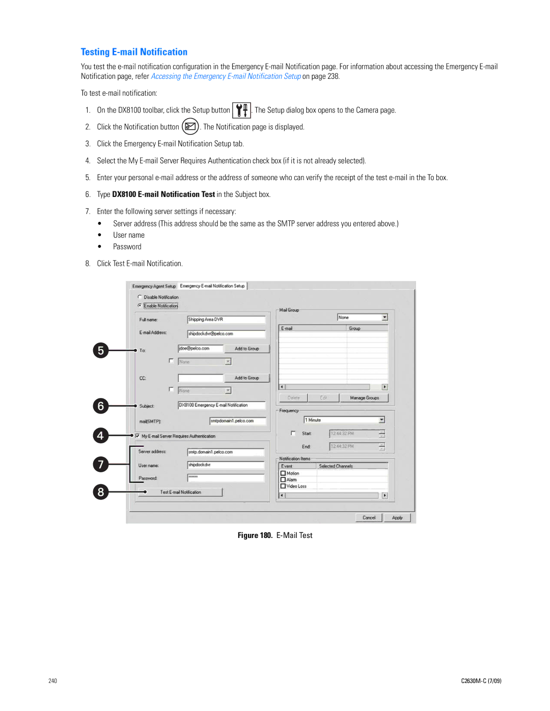 Pelco dx8100 manual Testing E-mail Notification, Type DX8100 E-mail Notification Test in the Subject box 