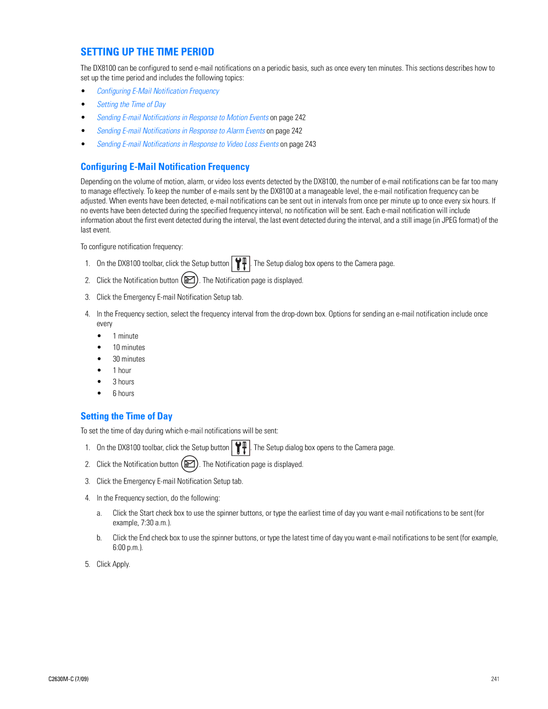 Pelco dx8100 manual Setting UP the Time Period, Configuring E-Mail Notification Frequency, Setting the Time of Day 