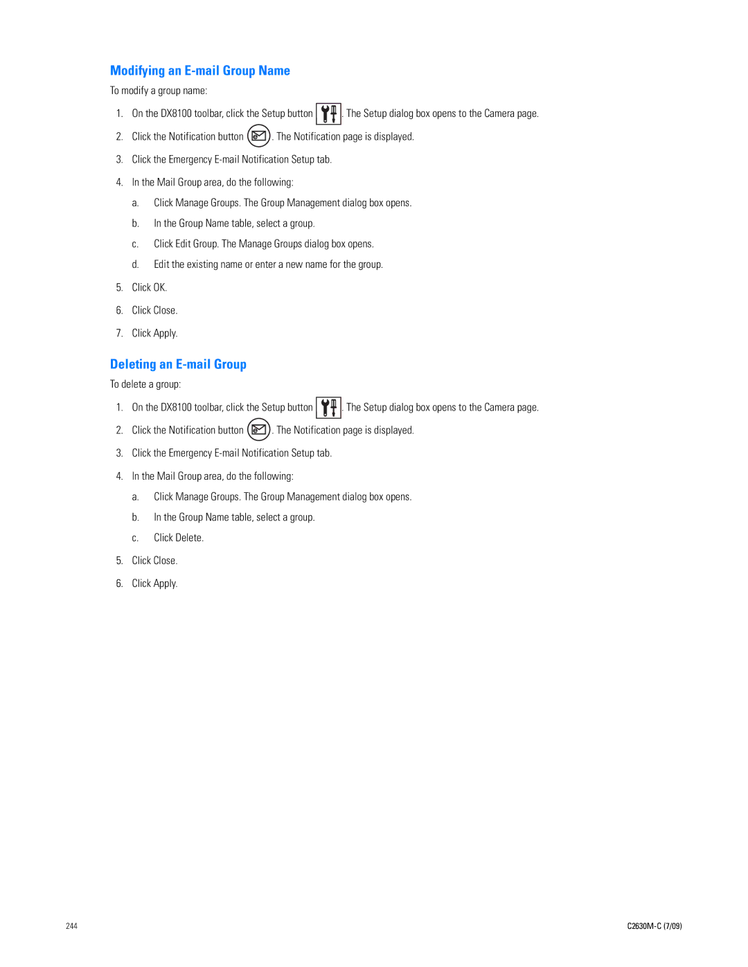Pelco dx8100 manual Modifying an E-mail Group Name, Deleting an E-mail Group 