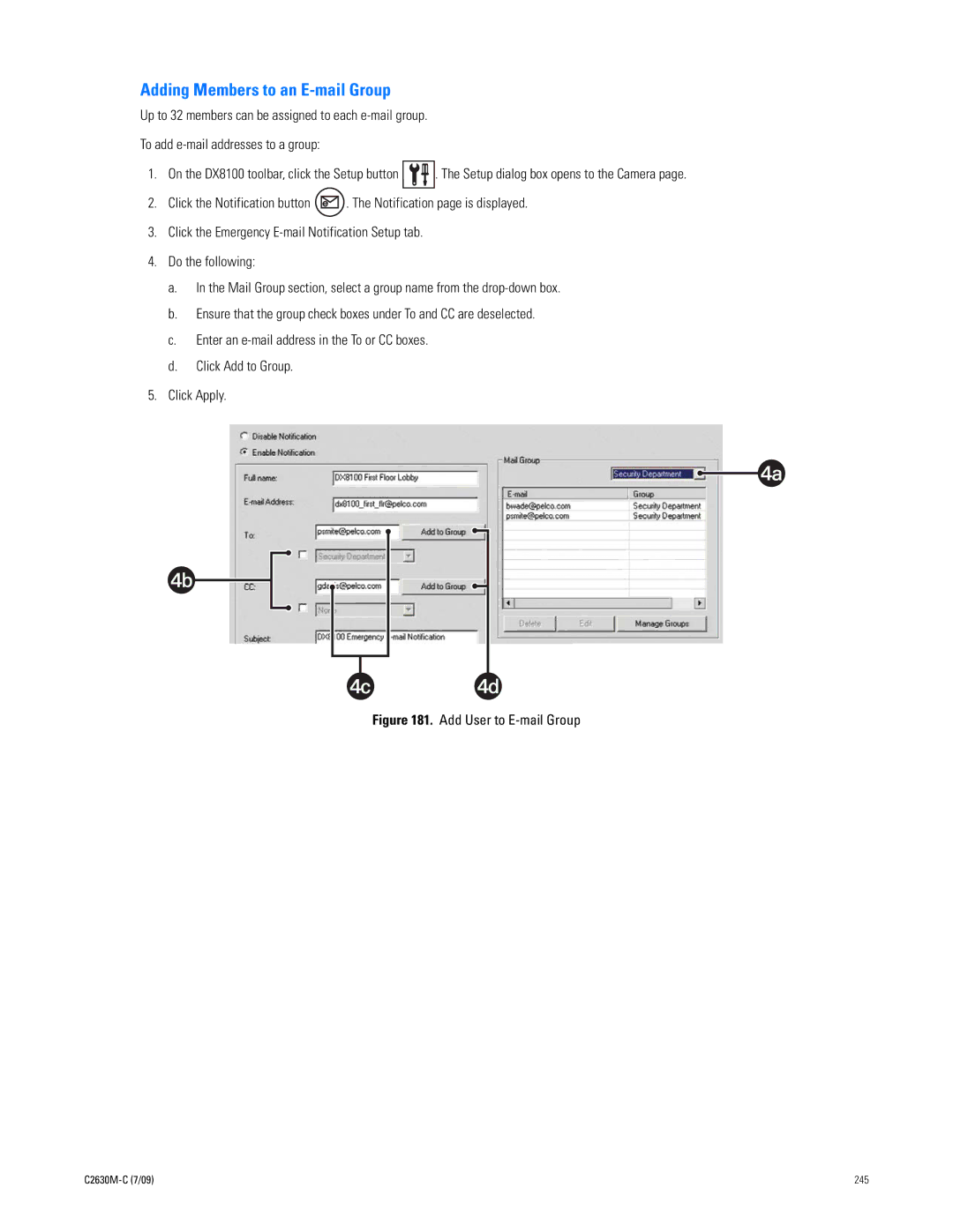 Pelco dx8100 manual Adding Members to an E-mail Group, Add User to E-mail Group 