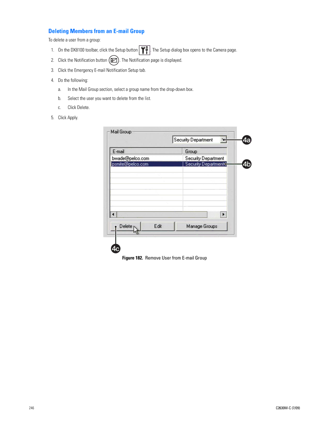 Pelco dx8100 manual Deleting Members from an E-mail Group, Remove User from E-mail Group 