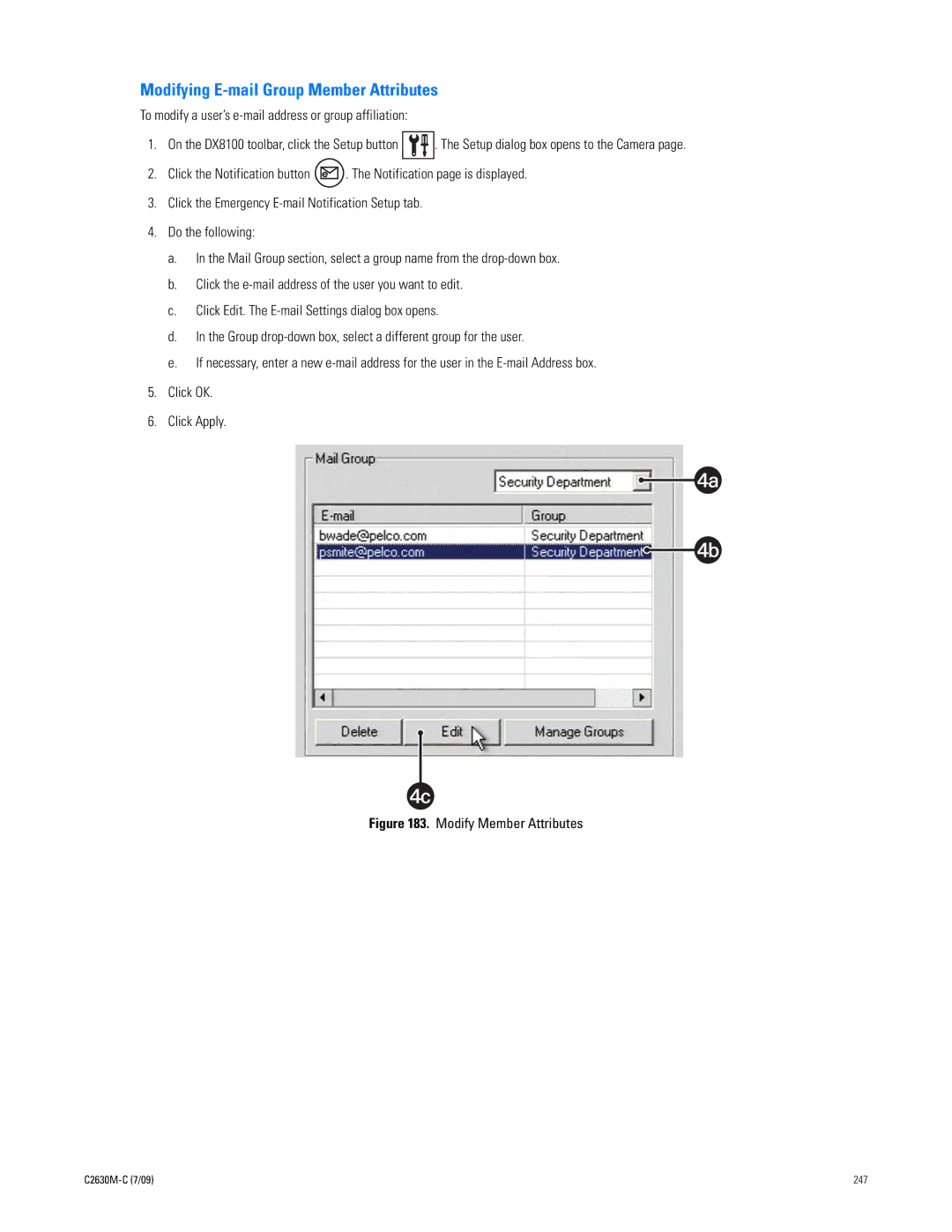 Pelco dx8100 manual Modifying E-mail Group Member Attributes, Modify Member Attributes 