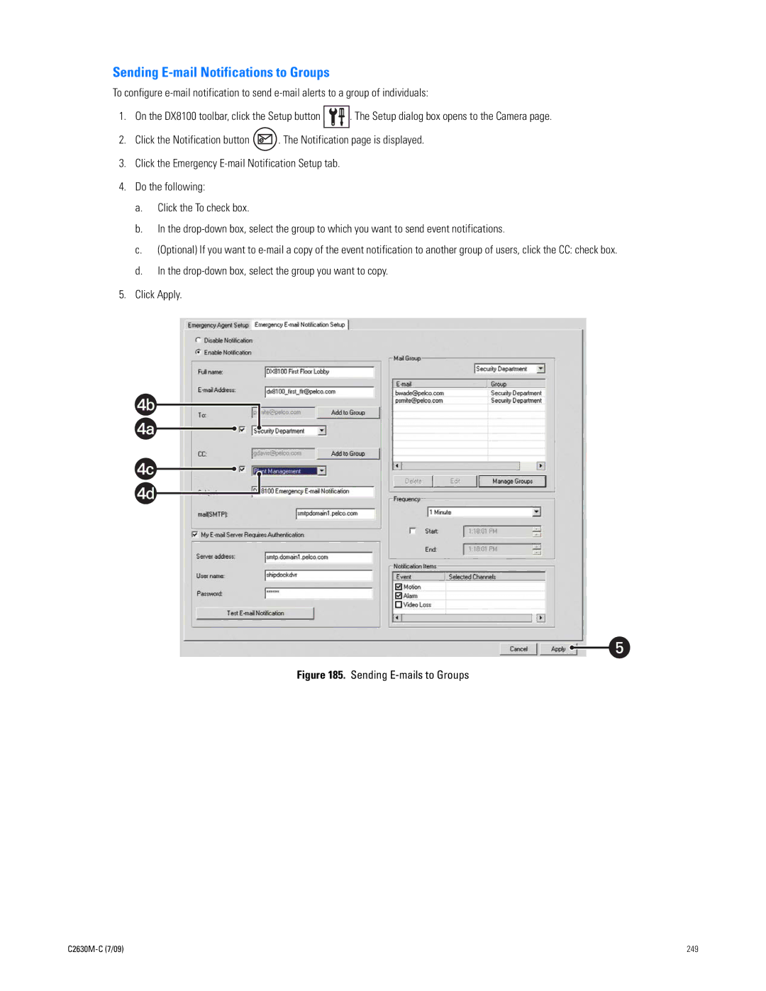 Pelco dx8100 manual Sending E-mail Notifications to Groups, Sending E-mails to Groups 