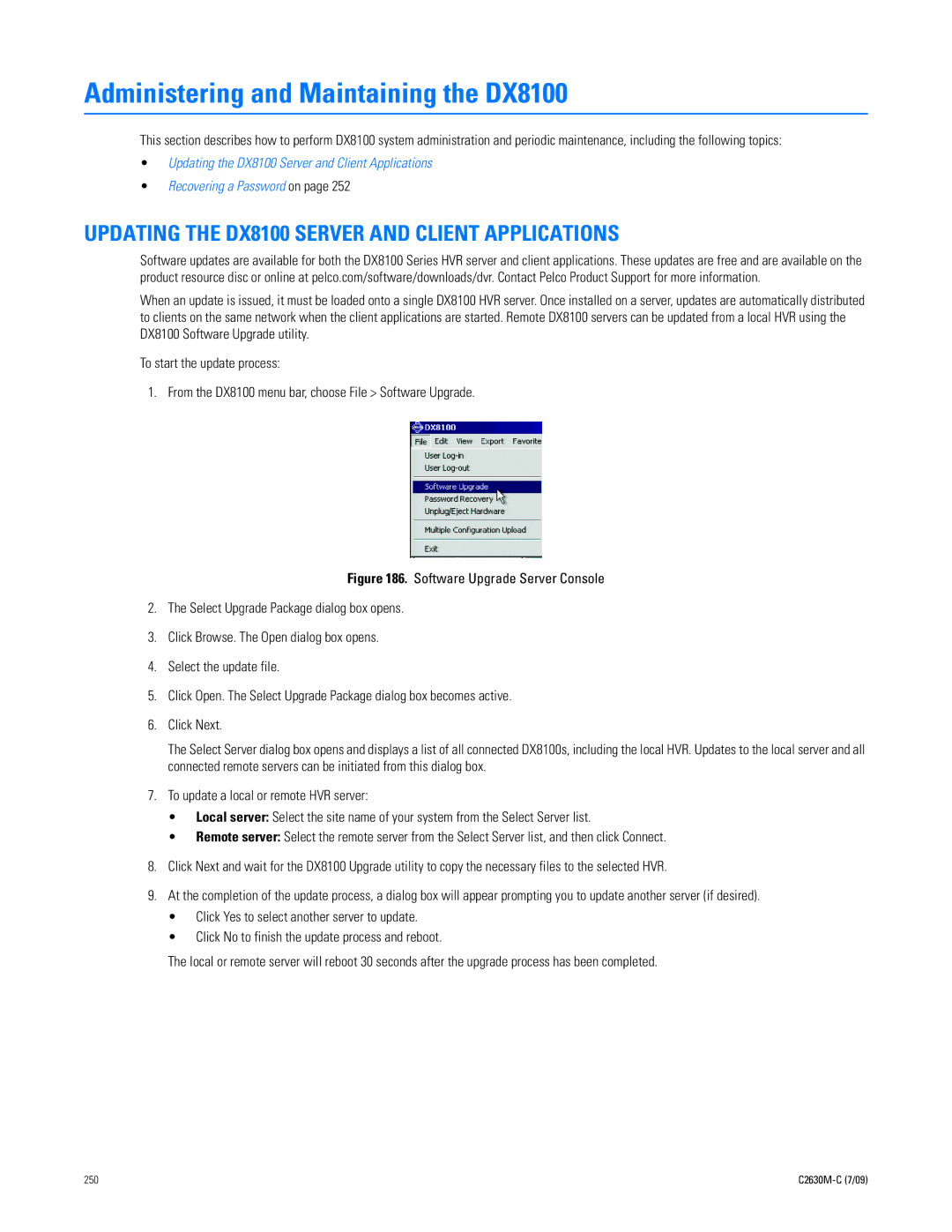 Pelco dx8100 manual Administering and Maintaining the DX8100, Updating the DX8100 Server and Client Applications 