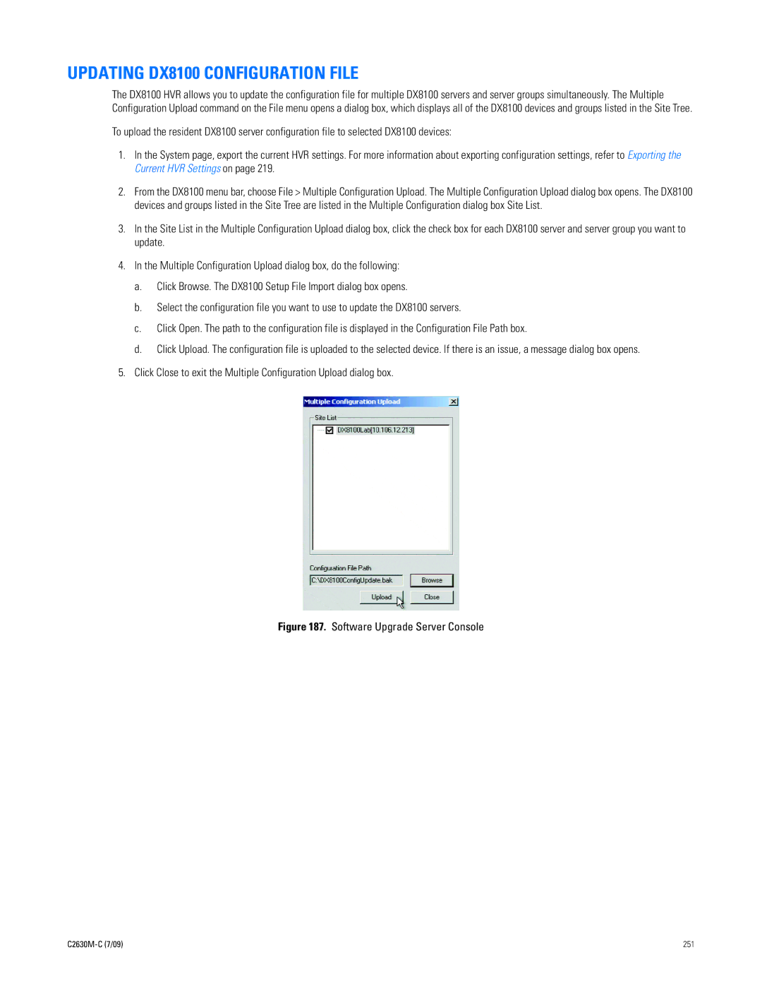 Pelco dx8100 manual Updating DX8100 Configuration File, Software Upgrade Server Console 