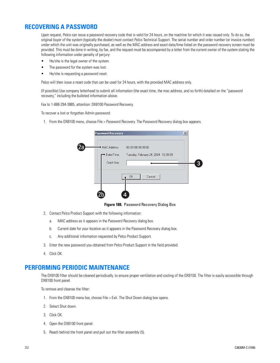 Pelco dx8100 manual Recovering a Password, Performing Periodic Maintenance 