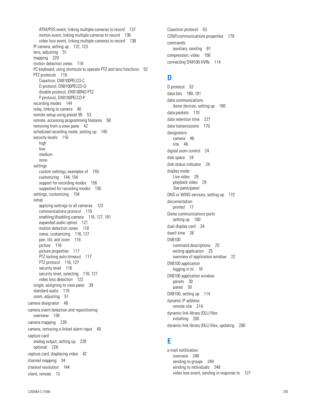 Pelco dx8100 137, 138, Lens, adjusting Mapping, 118, 116, Coaxitron, High Low Medium None Settings, 156, 155, 122, 119 