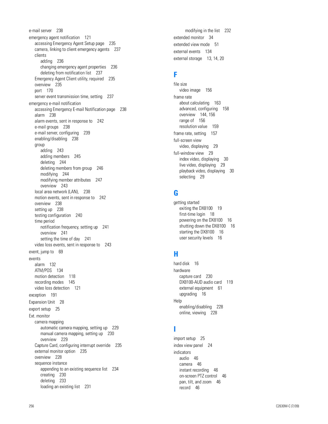 Pelco dx8100 121, 236, Overview 235 Port, Emergency e-mail notification, 242, 239, 243, 245, 244, Overview 238, 240 