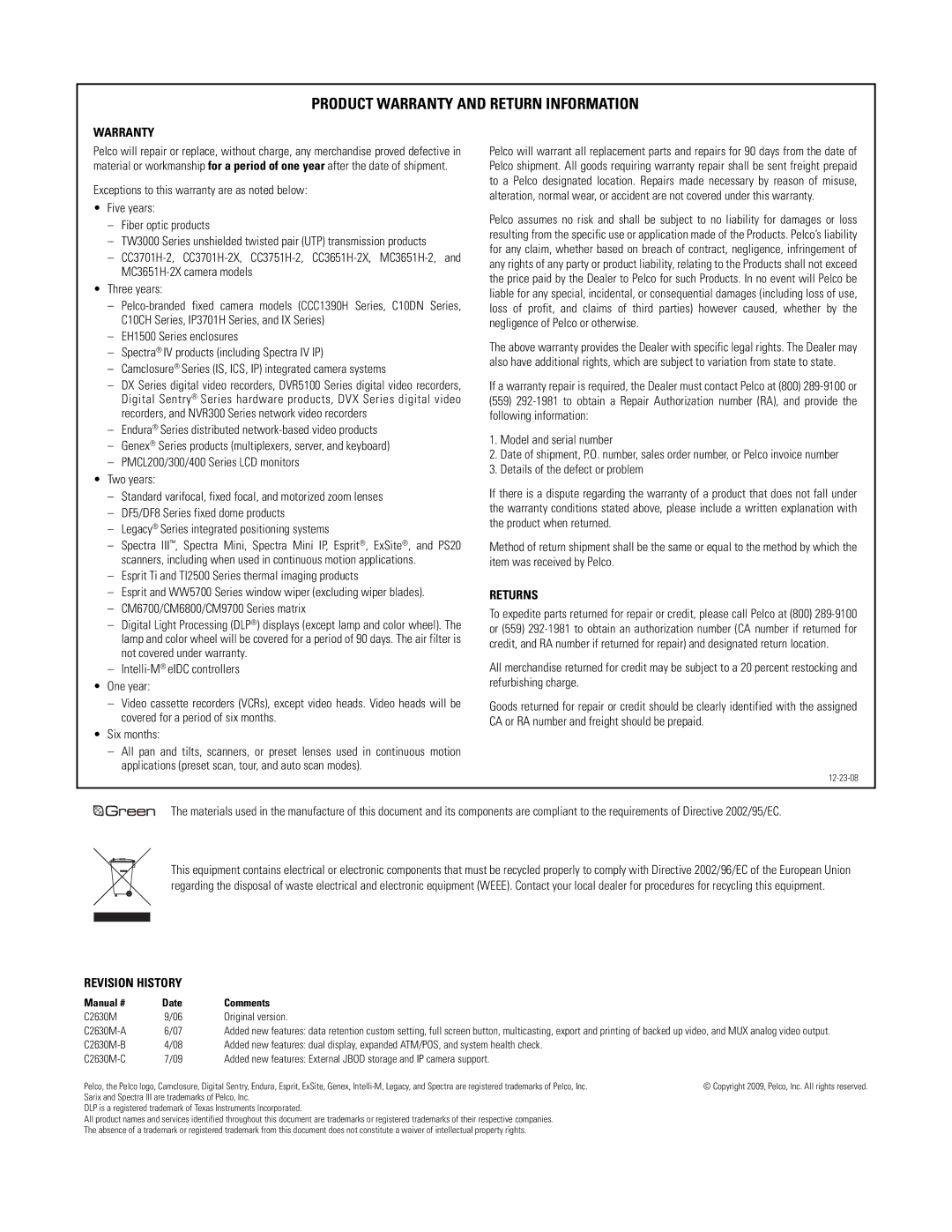 Pelco dx8100 manual Product Warranty and Return Information 