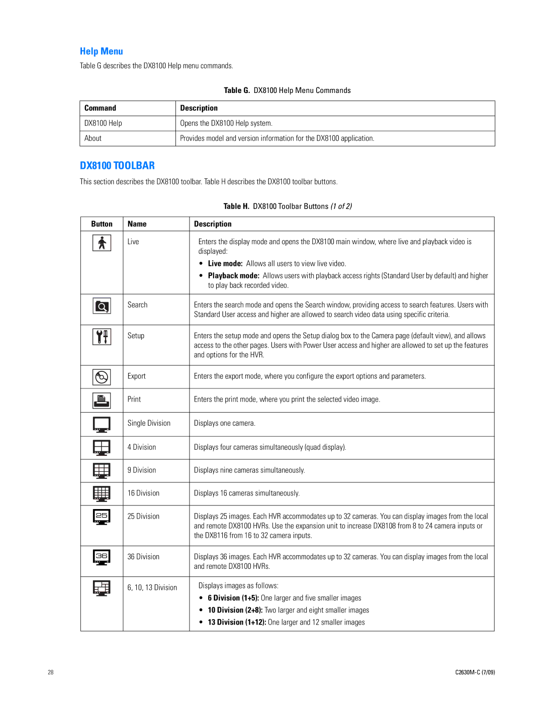 Pelco dx8100 manual Help Menu, Table H. DX8100 Toolbar Buttons 1, Button Name Description Live, Displayed 
