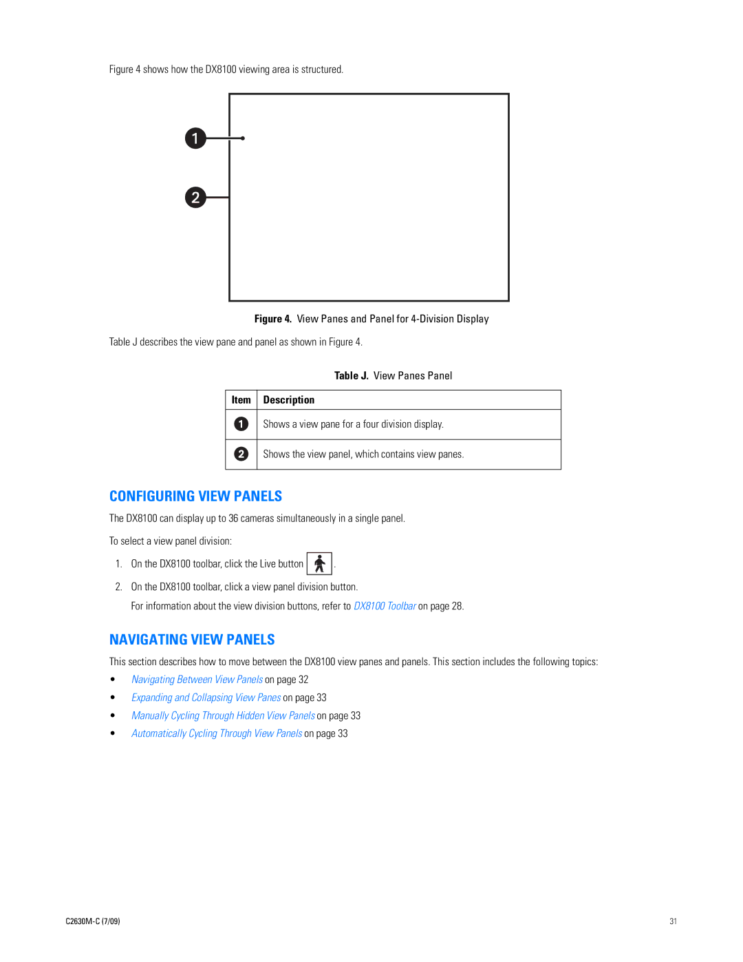 Pelco dx8100 manual Configuring View Panels, Navigating View Panels, Item Description 