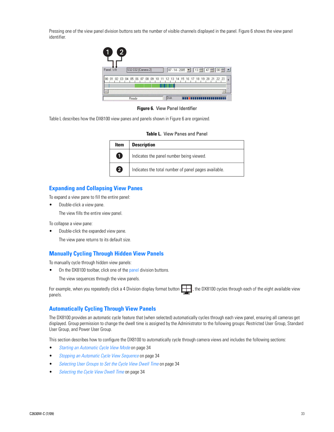 Pelco dx8100 manual Expanding and Collapsing View Panes, Manually Cycling Through Hidden View Panels 