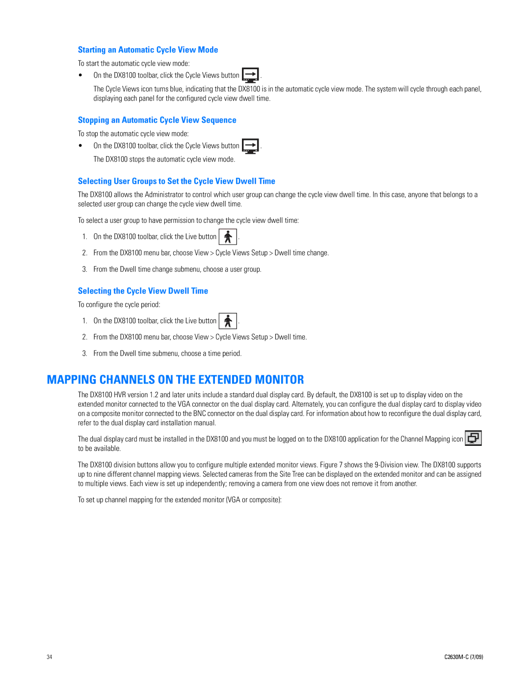 Pelco dx8100 manual Mapping Channels on the Extended Monitor, Starting an Automatic Cycle View Mode 