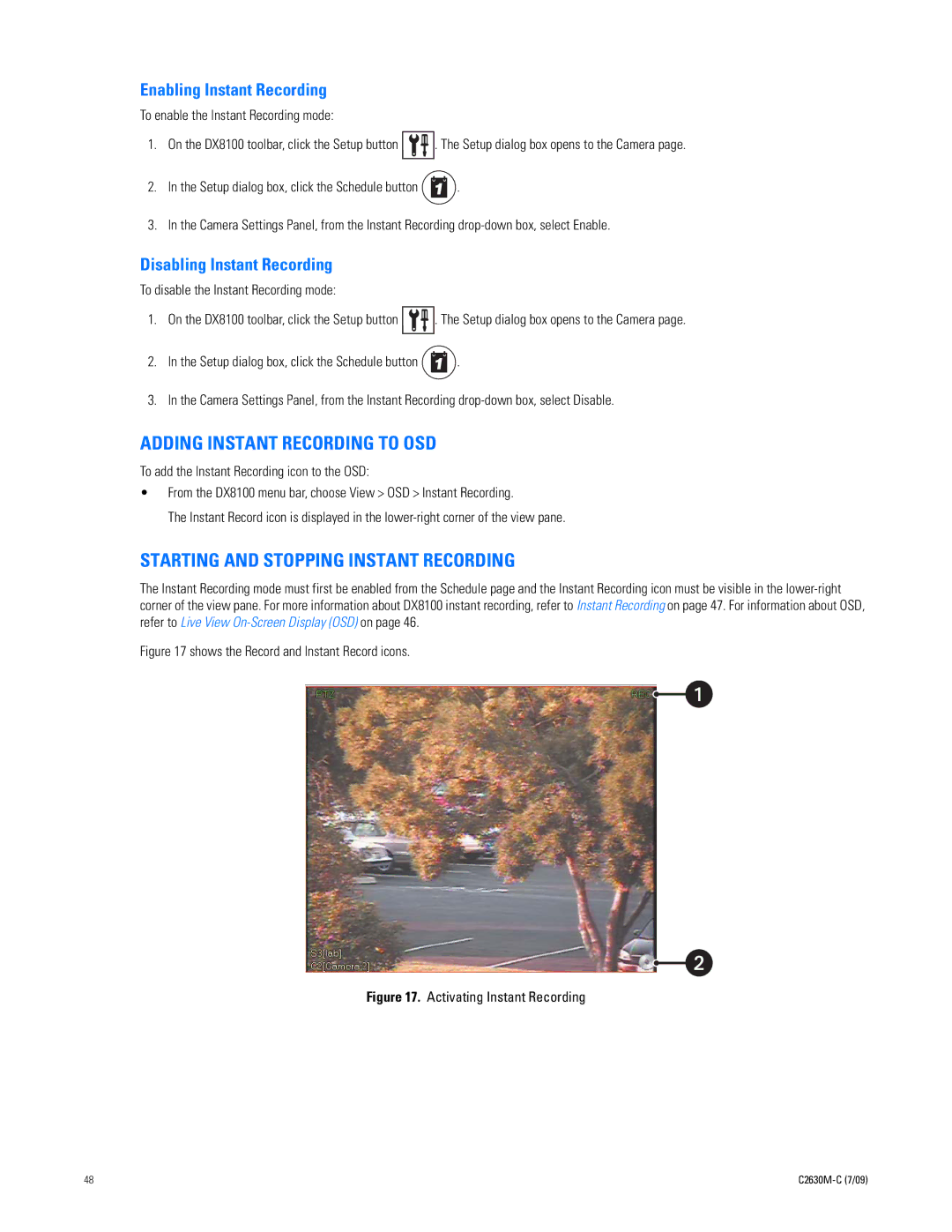 Pelco dx8100 manual Adding Instant Recording to OSD, Starting and Stopping Instant Recording, Enabling Instant Recording 
