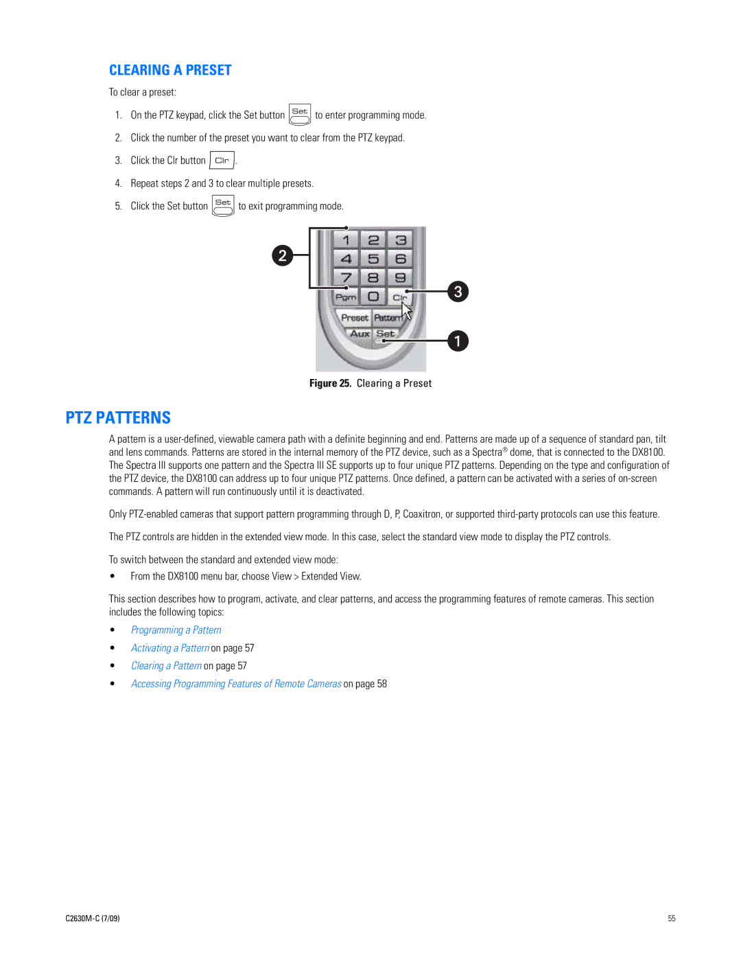 Pelco dx8100 manual PTZ Patterns, Clearing a Preset 