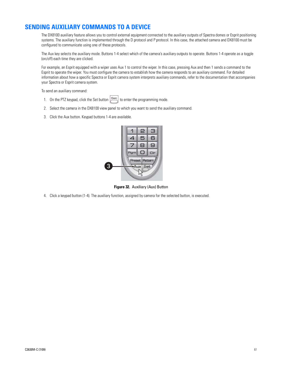 Pelco dx8100 manual Sending Auxiliary Commands to a Device 