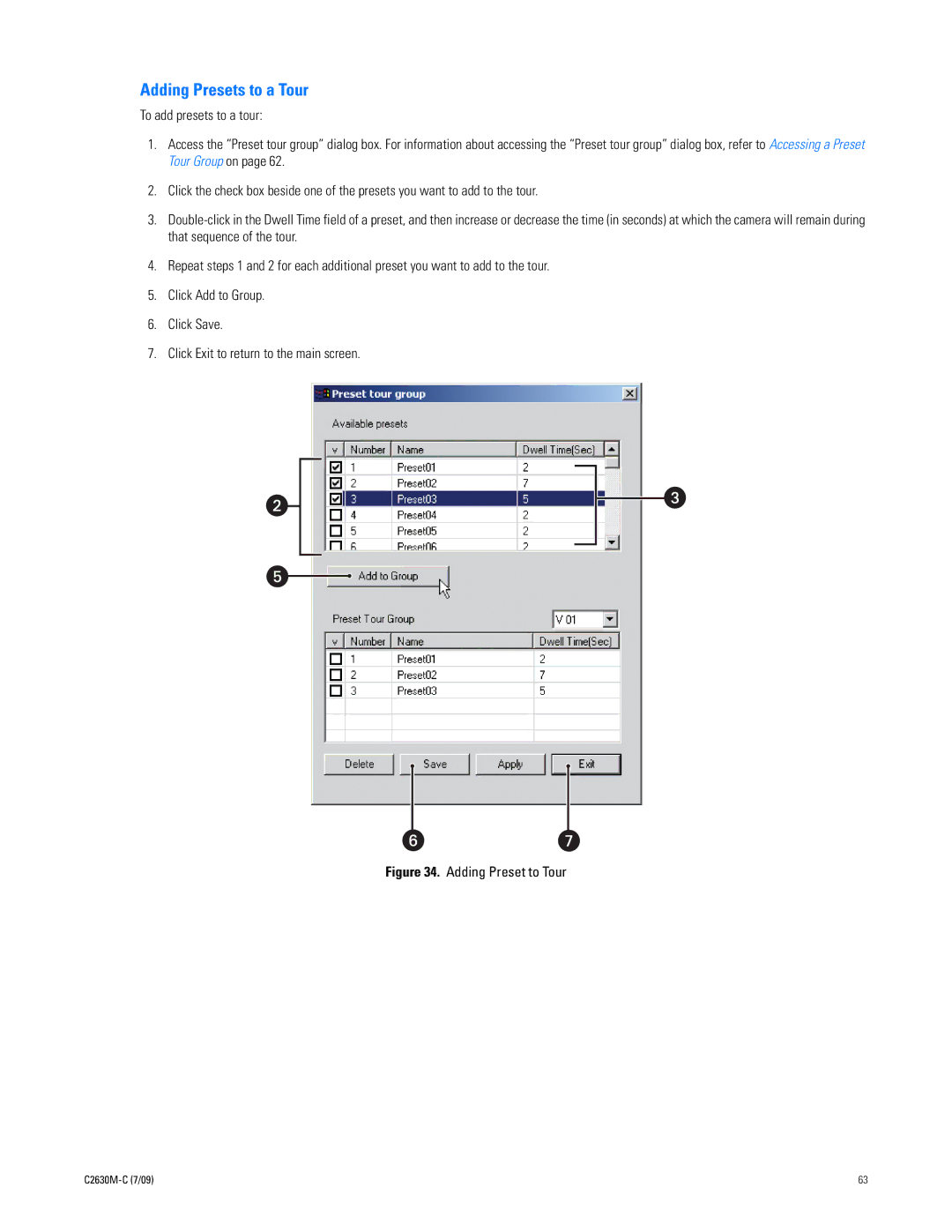 Pelco dx8100 manual Adding Presets to a Tour, Adding Preset to Tour 