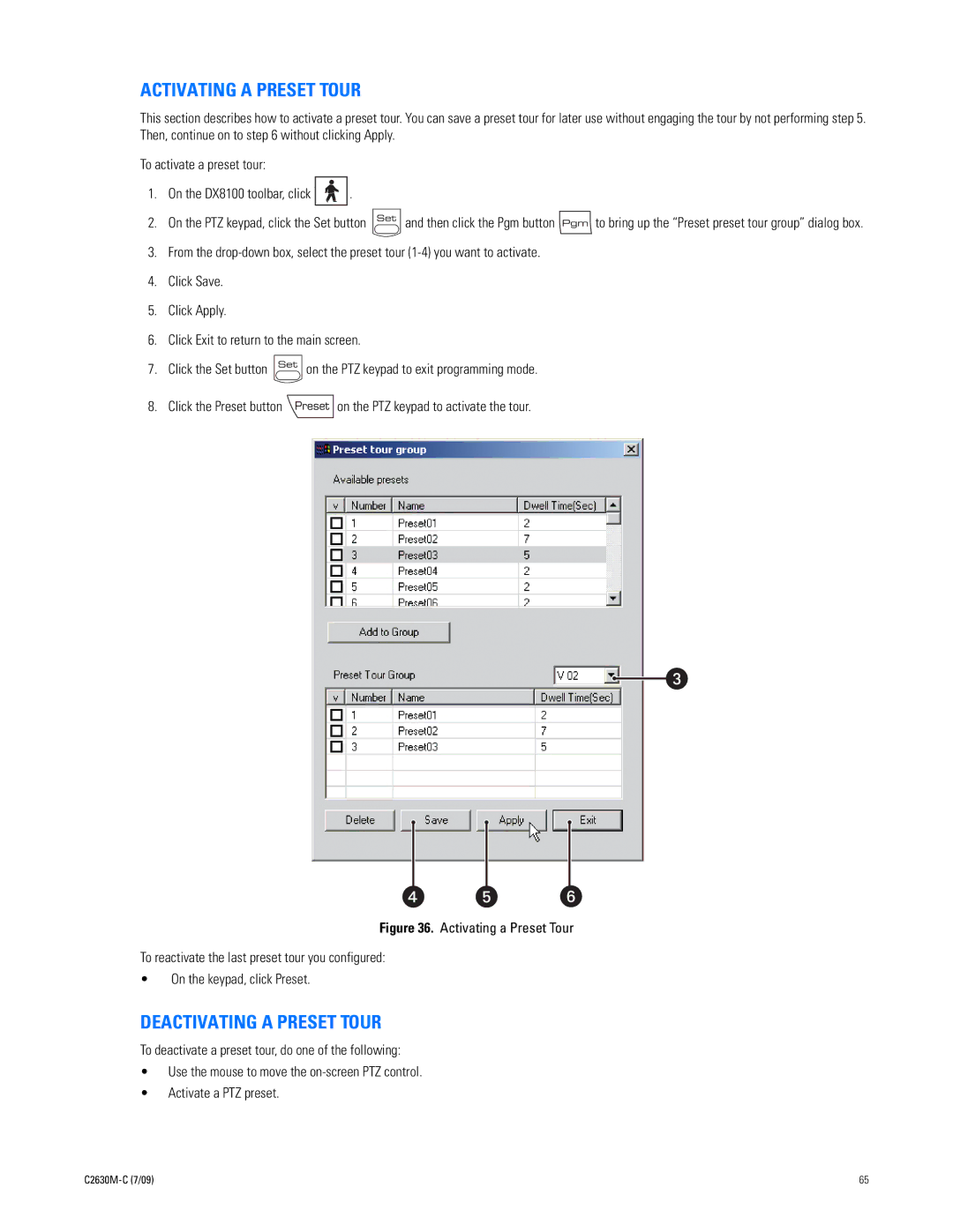 Pelco dx8100 manual Activating a Preset Tour, Deactivating a Preset Tour 