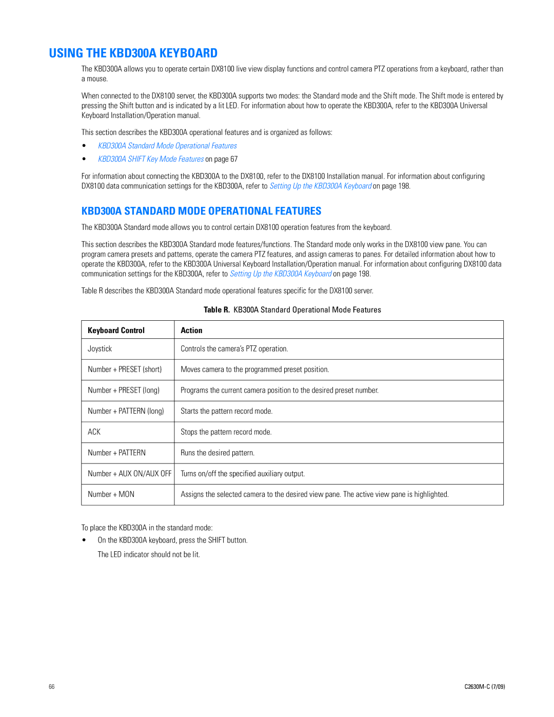 Pelco dx8100 manual Using the KBD300A Keyboard, KBD300A Standard Mode Operational Features, Keyboard Control Action 