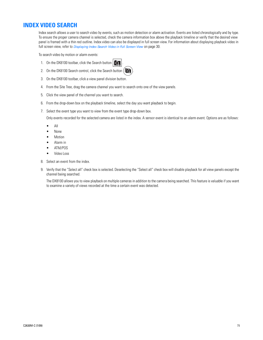 Pelco dx8100 manual Index Video Search, All None Motion Alarm 