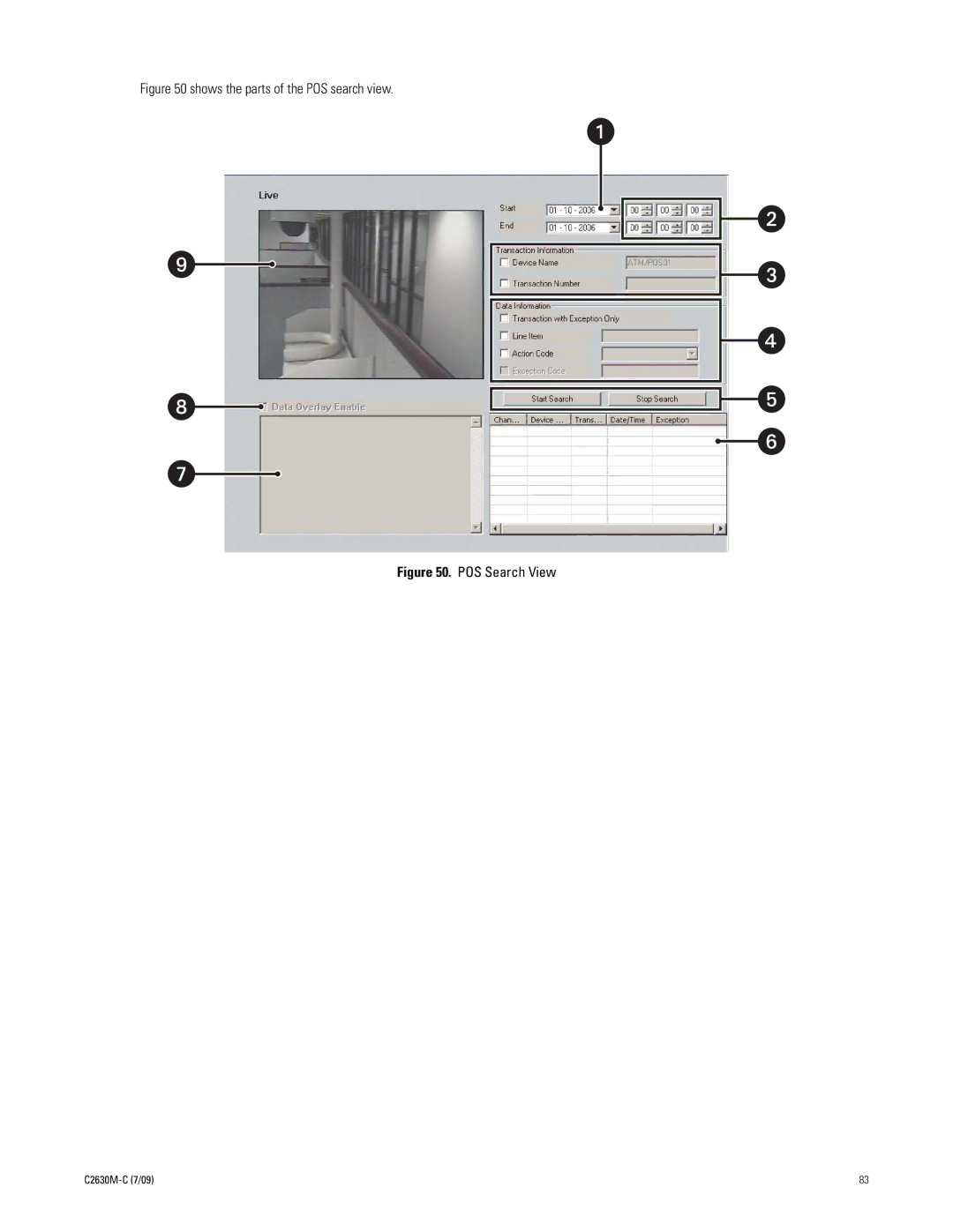 Pelco dx8100 manual Shows the parts of the POS search view 